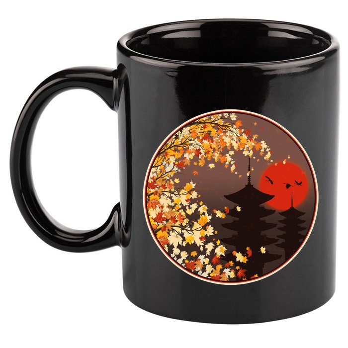 Japanese Autumn Fall Leaves Pagodas 11oz C Handle Ceramic Mug
