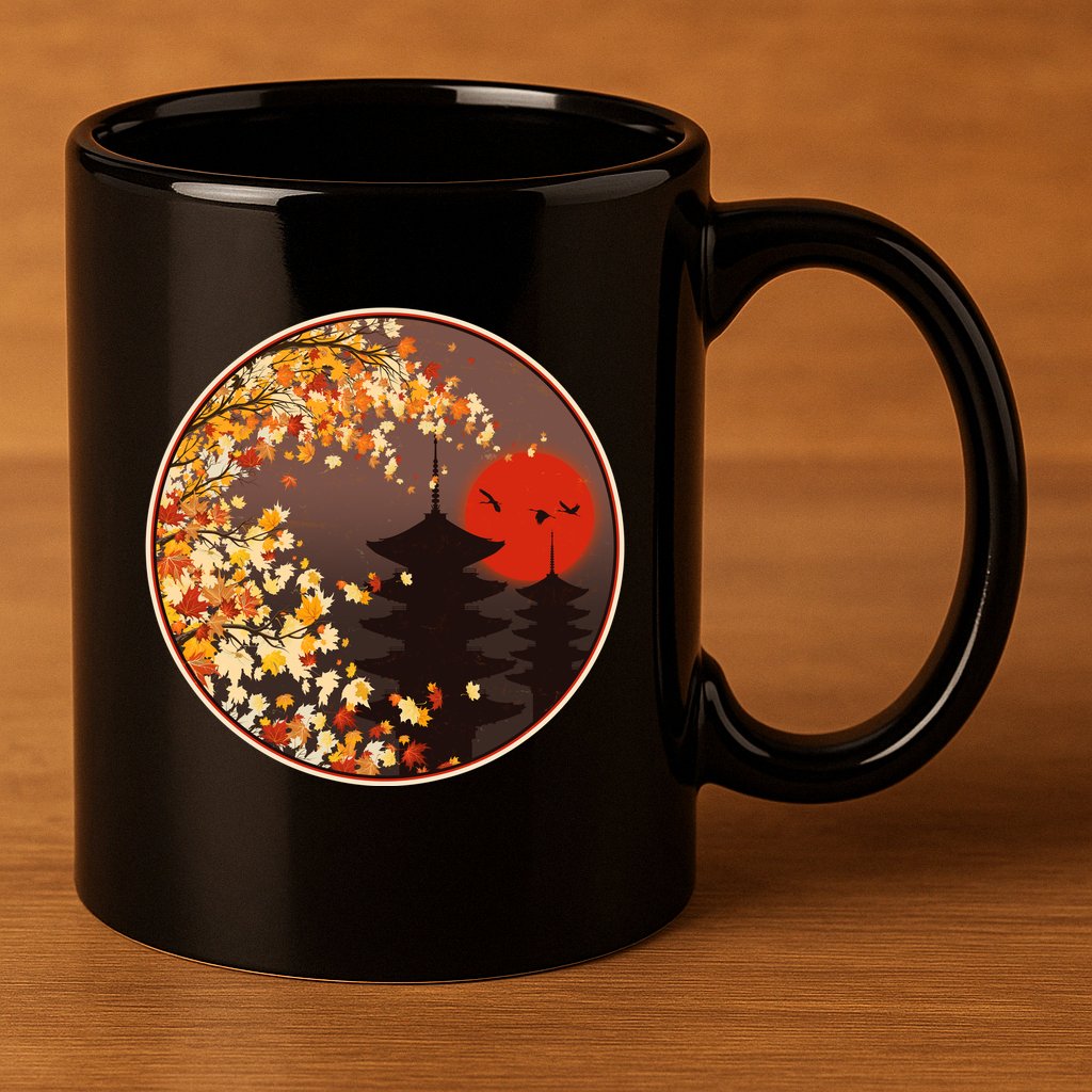 Japanese Autumn Fall Leaves Pagodas 11oz C Handle Ceramic Mug
