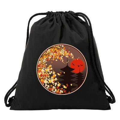 Japanese Autumn Fall Leaves Pagodas Drawstring Bag