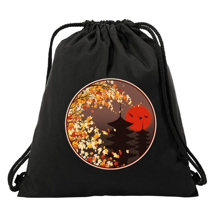 Japanese Autumn Fall Leaves Pagodas Drawstring Bag