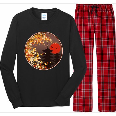 Japanese Autumn Fall Leaves Pagodas Long Sleeve Pajama Set