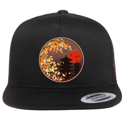 Japanese Autumn Fall Leaves Pagodas Flatbill Hat