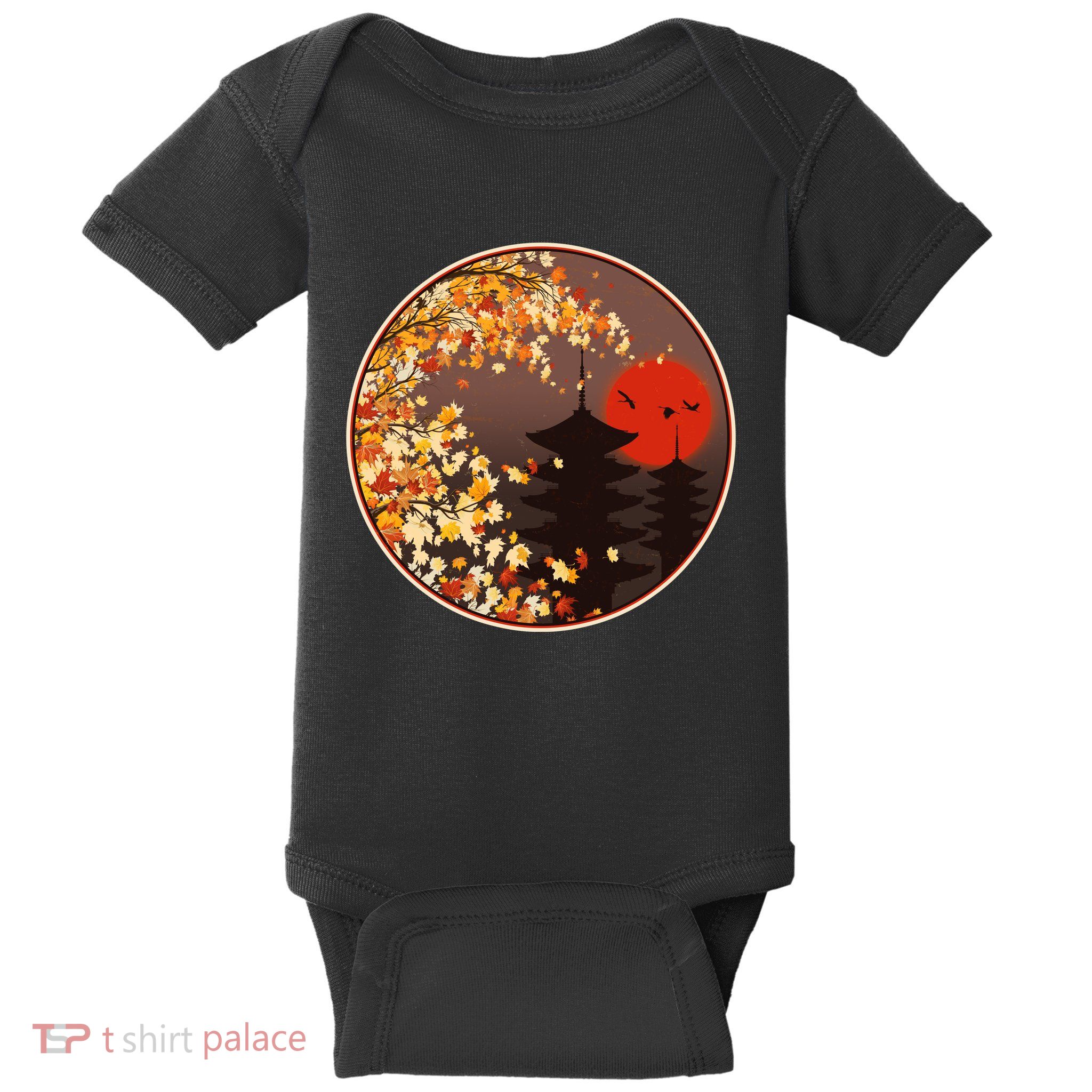 Japanese Autumn Fall Leaves Pagodas Baby Bodysuit