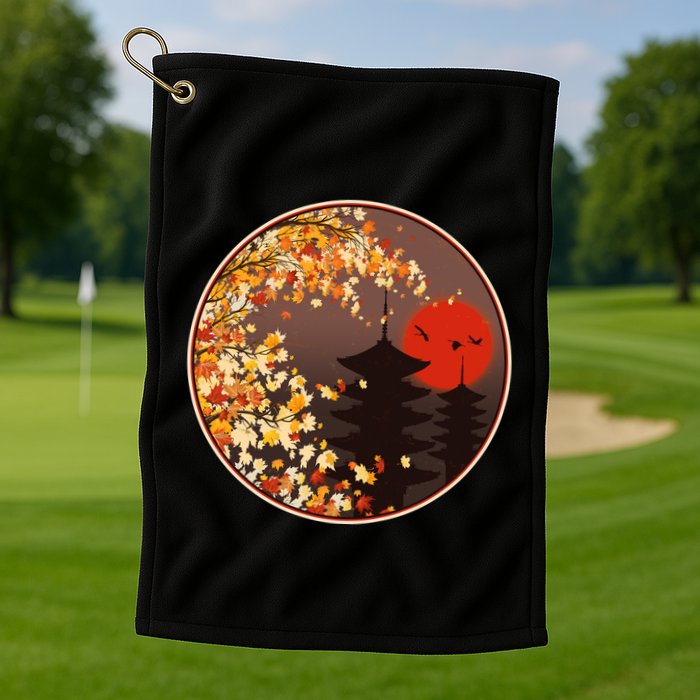 Japanese Autumn Fall Leaves Pagodas Golf Towel
