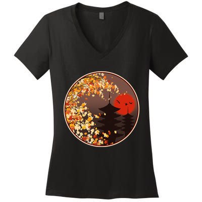 Japanese Autumn Fall Leaves Pagodas Women's V-Neck T-Shirt