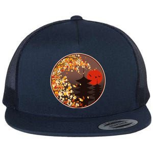 Japanese Autumn Fall Leaves Pagodas Flat Bill Trucker Hat