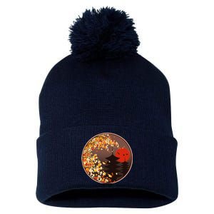 Japanese Autumn Fall Leaves Pagodas Pom Pom 12in Knit Beanie