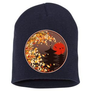 Japanese Autumn Fall Leaves Pagodas Short Acrylic Beanie