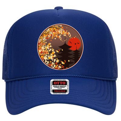 Japanese Autumn Fall Leaves Pagodas High Crown Mesh Back Trucker Hat