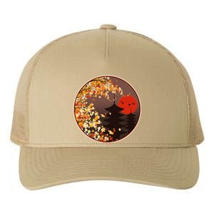 Japanese Autumn Fall Leaves Pagodas Yupoong Adult 5-Panel Trucker Hat