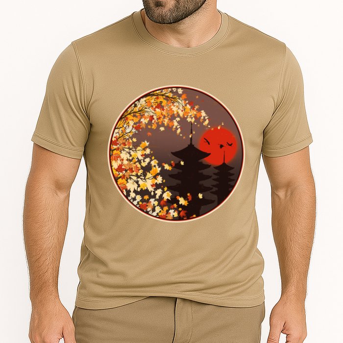 Japanese Autumn Fall Leaves Pagodas Cooling Performance Crew T-Shirt