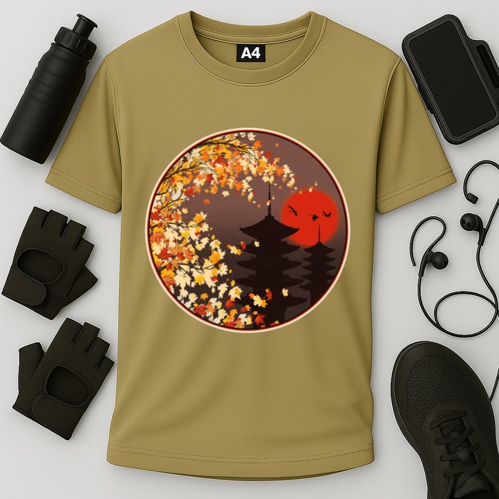 Japanese Autumn Fall Leaves Pagodas Cooling Performance Crew T-Shirt