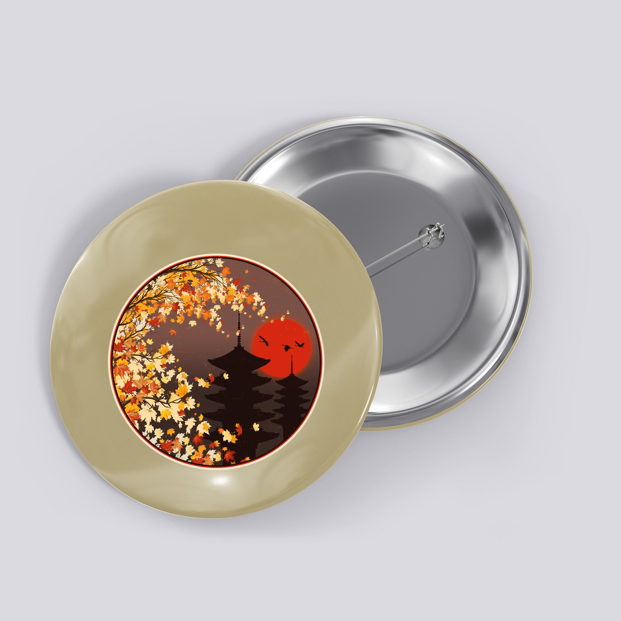 Japanese Autumn Fall Leaves Pagodas Button
