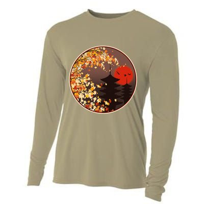 Japanese Autumn Fall Leaves Pagodas Cooling Performance Long Sleeve Crew