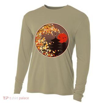 Japanese Autumn Fall Leaves Pagodas Cooling Performance Long Sleeve Crew