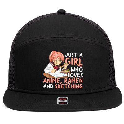 Just A Girl Who Loves Anime Ramen And Sketching Teen Girls 7 Panel Mesh Trucker Snapback Hat