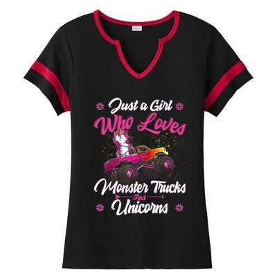 Just A Girl Who Loves Monster Trucks And Unicorns Girls Ladies Halftime Notch Neck Tee