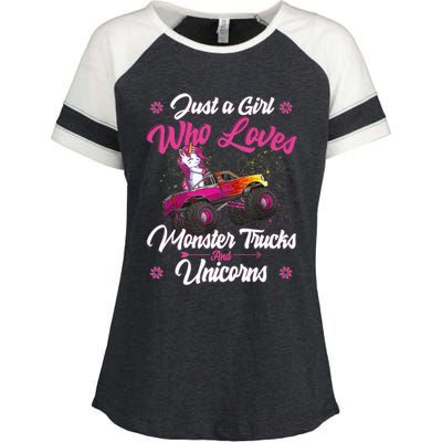 Just A Girl Who Loves Monster Trucks And Unicorns Girls Enza Ladies Jersey Colorblock Tee