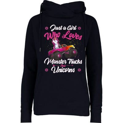 Just A Girl Who Loves Monster Trucks And Unicorns Girls Womens Funnel Neck Pullover Hood