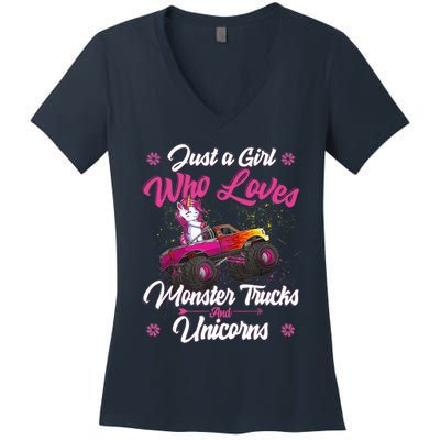 Just A Girl Who Loves Monster Trucks And Unicorns Girls Women's V-Neck T-Shirt