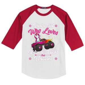 Just A Girl Who Loves Monster Trucks And Unicorns Girls Kids Colorblock Raglan Jersey