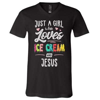Just A Girl Who Loves Ice Cream And Jesus Gift Women V-Neck T-Shirt
