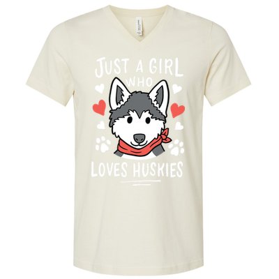 Just A Girl Who Loves Huskies Gift Husky Dog Lover V-Neck T-Shirt