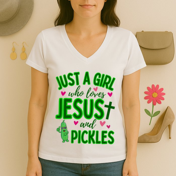 Just A Girl Who Loves Jesus And Pickles Women's V-Neck T-Shirt