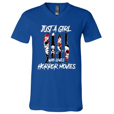 Just A Girl Who Loves Horror Movies Characters In Knives V-Neck T-Shirt