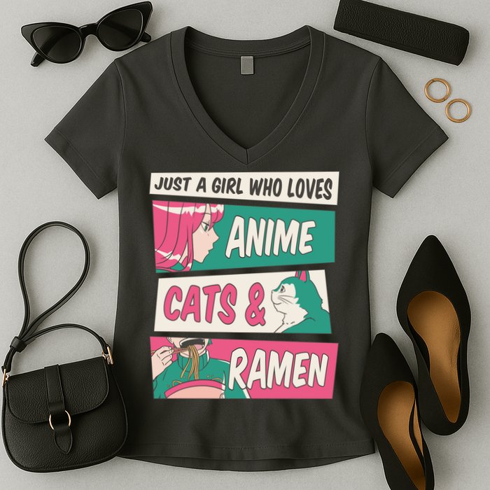 Just A Girl Who Loves Anime Cats And Ramen Women's V-Neck T-Shirt