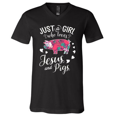 Just A Girl Who Loves Jesus And Pigs Farmer Lover V-Neck T-Shirt