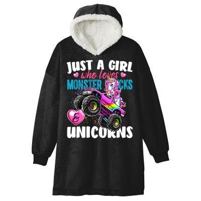 Just A Girl Who Loves Monster Trucks And Unicorns Gift Girls Gift Hooded Wearable Blanket