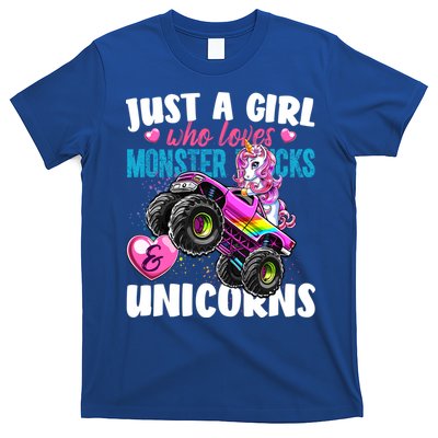 Just A Girl Who Loves Monster Trucks And Unicorns Gift Girls Gift T-Shirt