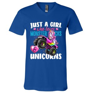 Just A Girl Who Loves Monster Trucks And Unicorns Gift Girls Gift V-Neck T-Shirt