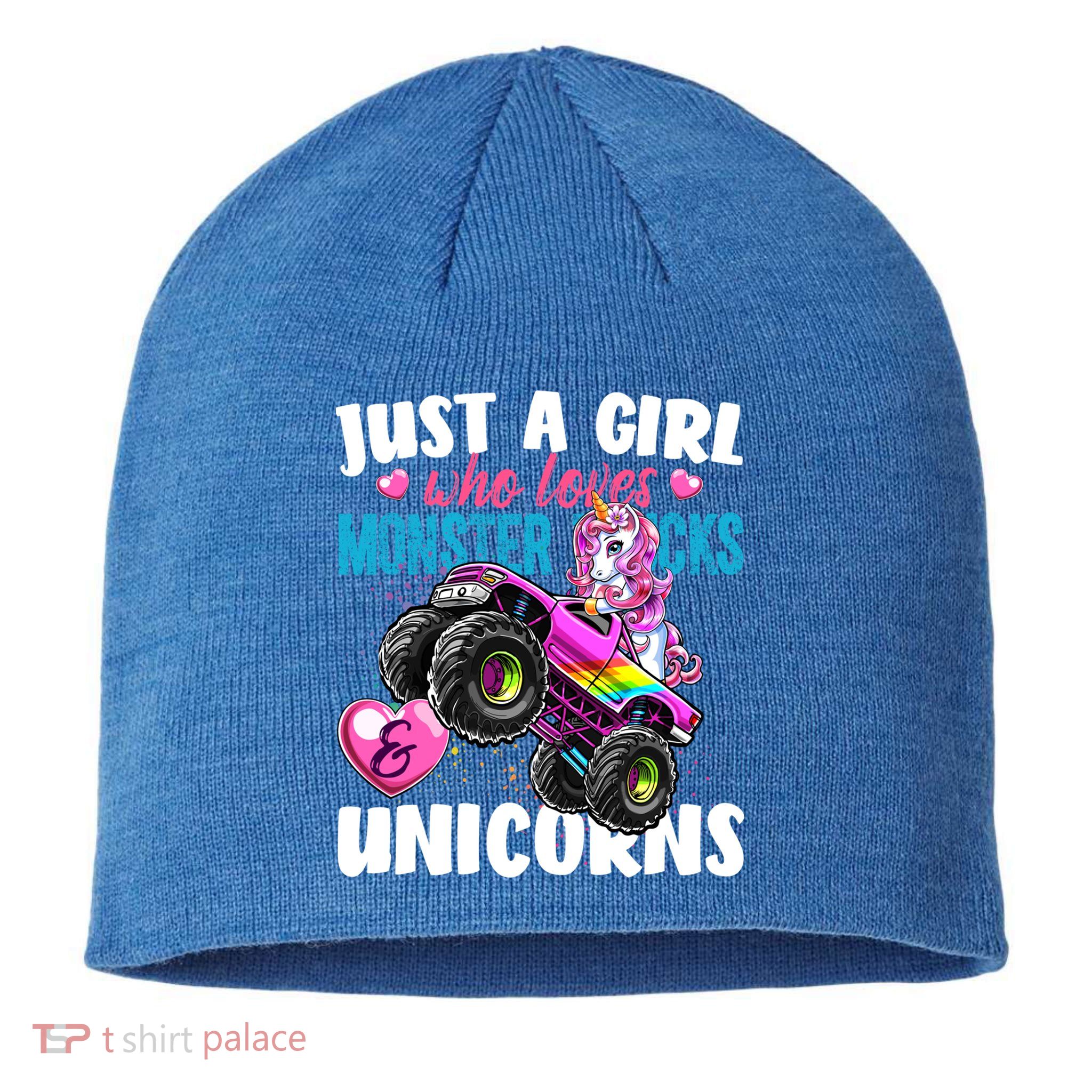 Just A Girl Who Loves Monster Trucks And Unicorns Gift Girls Gift Sustainable Beanie