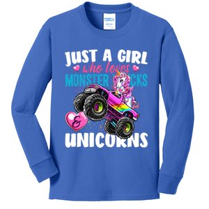 Just A Girl Who Loves Monster Trucks And Unicorns Gift Girls Gift Kids Long Sleeve Shirt