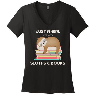 Just A Girl Who Loves Sloths And Books Reader Women's V-Neck T-Shirt