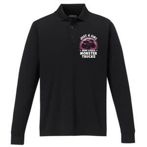 Just A Girl Who Loves Monster Trucks Funny Monster Truck Performance Long Sleeve Polo