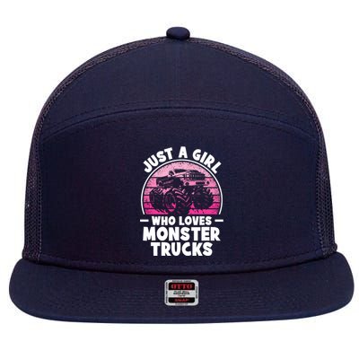 Just A Girl Who Loves Monster Trucks Funny Monster Truck 7 Panel Mesh Trucker Snapback Hat