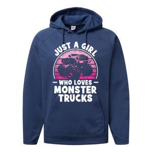 Just A Girl Who Loves Monster Trucks Funny Monster Truck Performance Fleece Hoodie