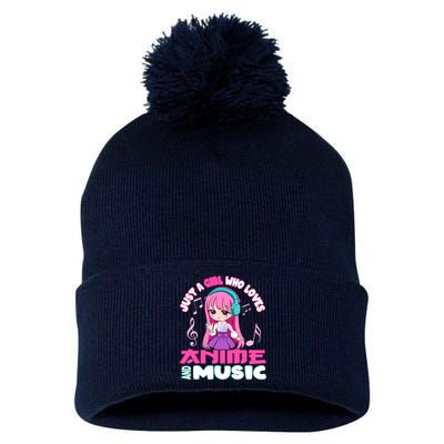 just a girl who loves anime and music chibi graphic Pom Pom 12in Knit Beanie