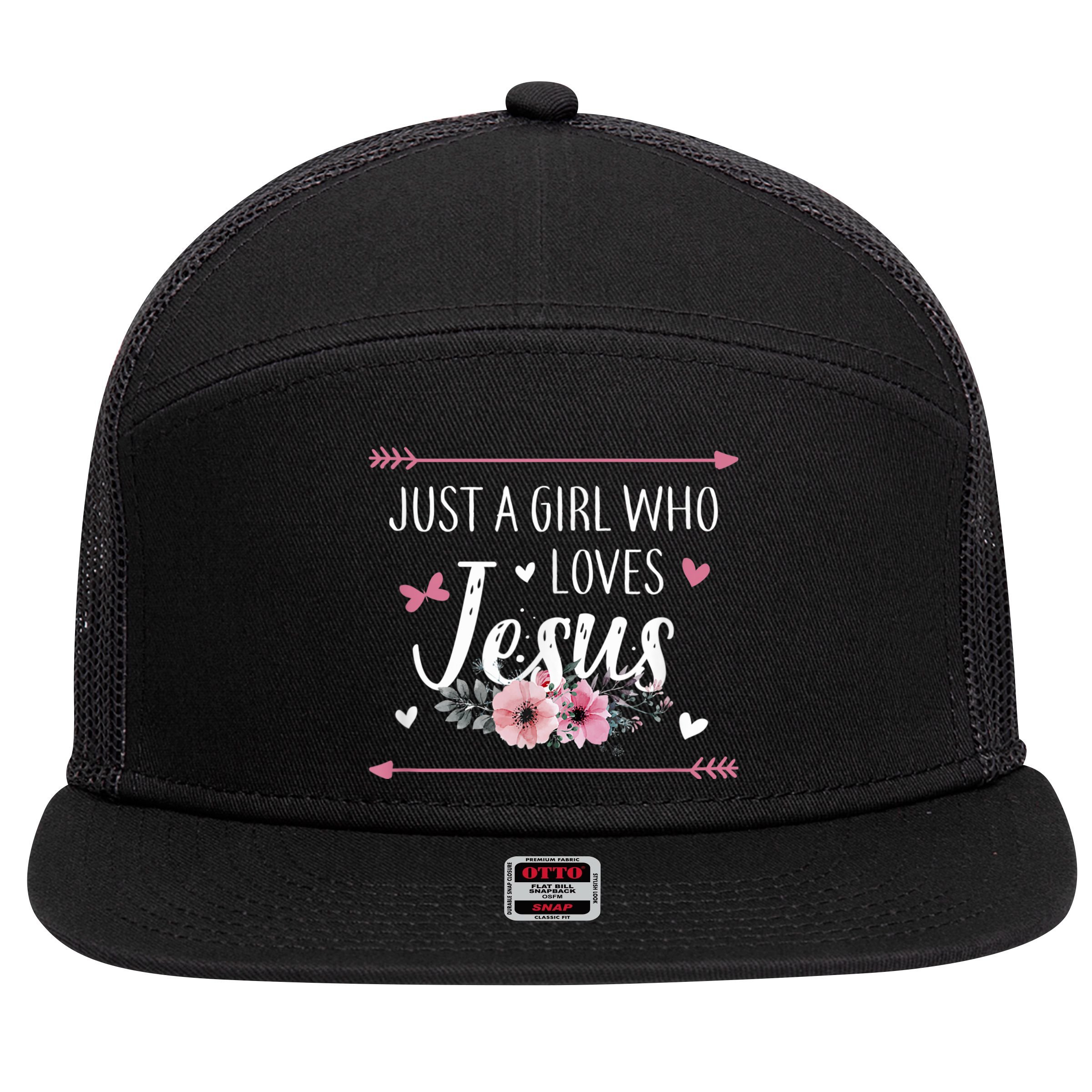 Just A Girl Who Loves Jesus Religious Christian 7 Panel Mesh Trucker Snapback Hat
