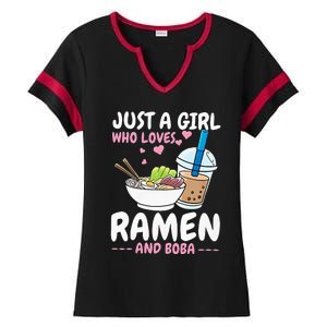 Just A Girl Who Loves Ramen And Boba Bubble Tea Tea Japanese Ladies Halftime Notch Neck Tee