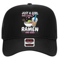 Just A Girl Who Loves Ramen And Boba Bubble Tea Tea Japanese High Crown Mesh Back Trucker Hat