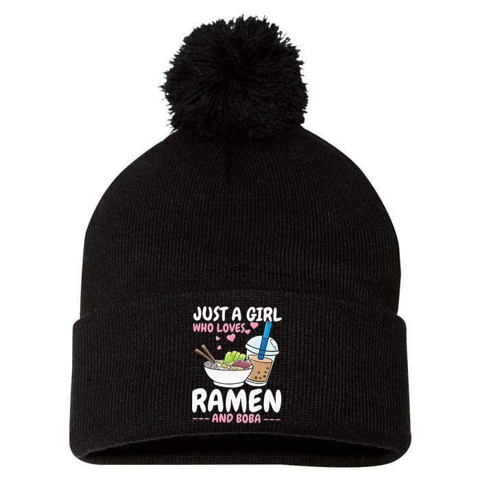 Just A Girl Who Loves Ramen And Boba Bubble Tea Tea Japanese Pom Pom 12in Knit Beanie