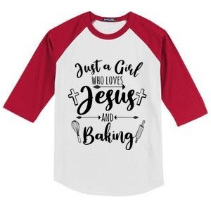 Just A Girl Who Loves Jesus And Baking Funny Christian Kids Colorblock Raglan Jersey