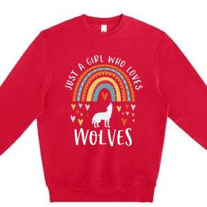 Just A Girl Who Loves Wolves Rainbow Gifts For Wolf Lover Premium Crewneck Sweatshirt