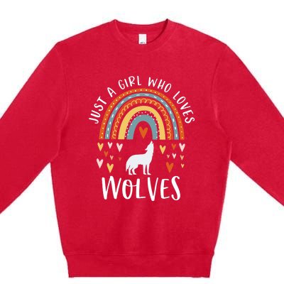 Just A Girl Who Loves Wolves Rainbow Gifts For Wolf Lover Premium Crewneck Sweatshirt