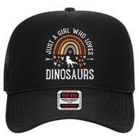 Just A Girl Who Loves Dinosaurs Rainbow Gifts For Dino Lover High Crown Mesh Back Trucker Hat