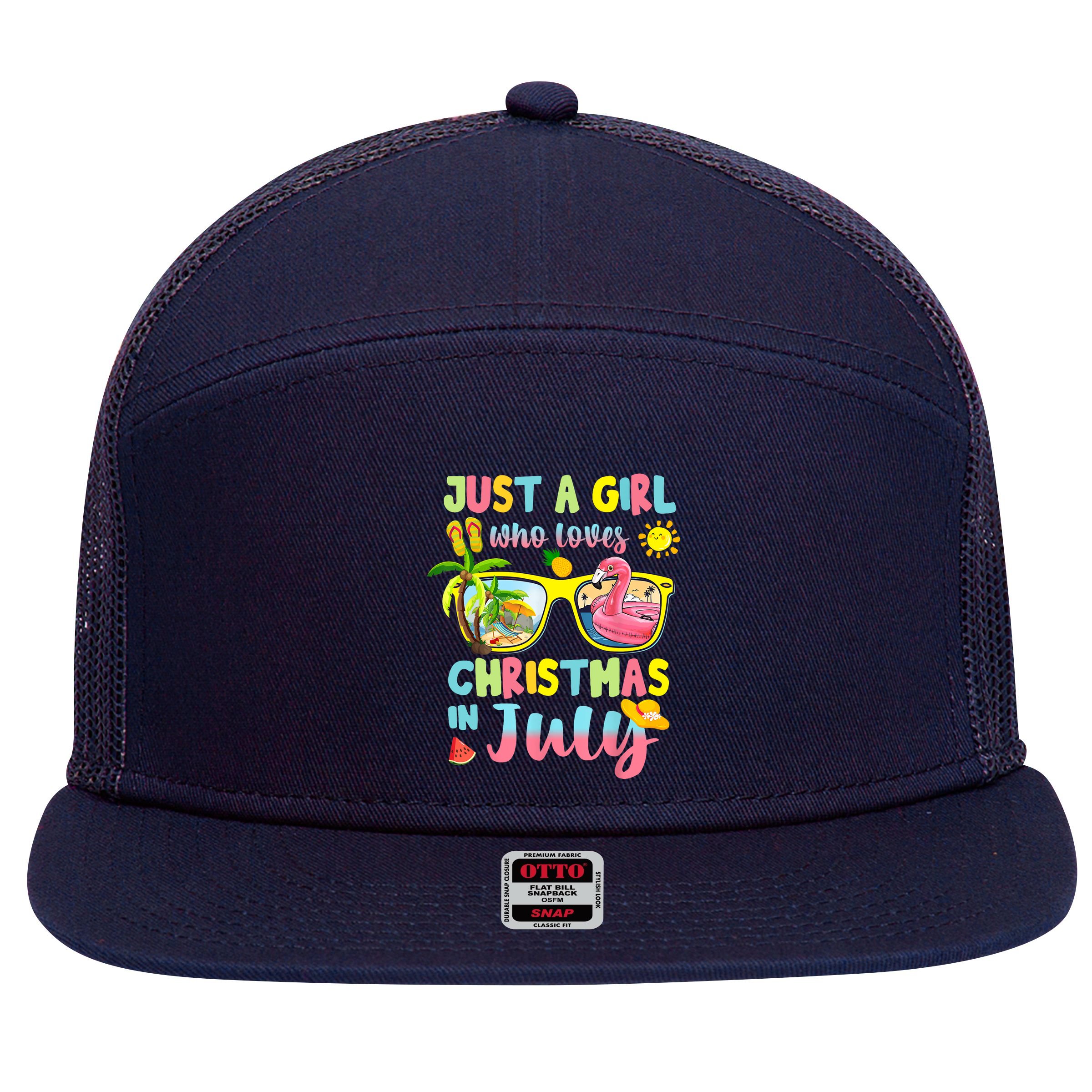 Just A Girl Who Loves Christmas In July Summer Wo 7 Panel Mesh Trucker Snapback Hat